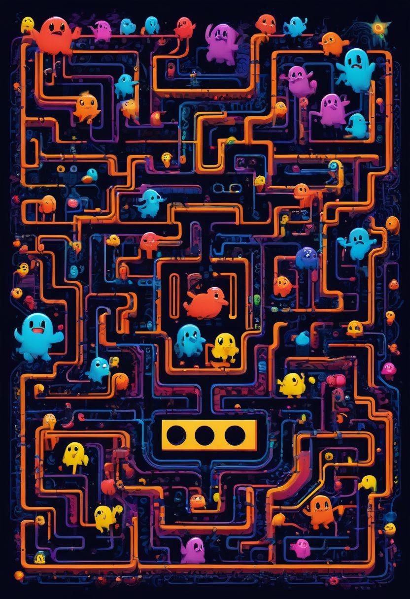 A vibrant collage featuring Pac-Man navigating a maze filled with colorful ghosts, surrounded by enthusiastic gamers of diverse backgrounds celebrating together. Include elements of digital art, gaming controllers, and retro arcade machines to symbolize the community aspect. Bright neon colors should dominate the scene, creating a lively atmosphere. super-realistic. vibrant colors. pixel art.