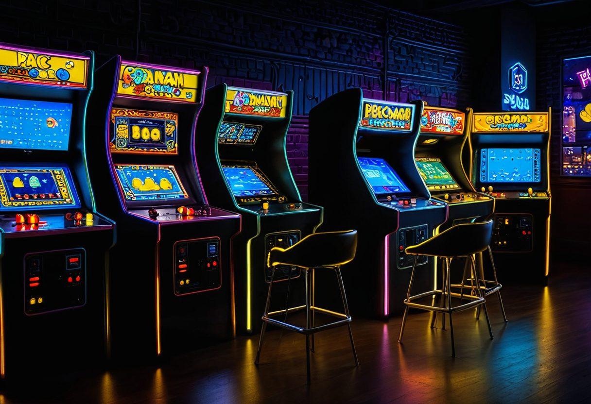 A vibrant retro arcade scene filled with iconic Pac-Man characters, blending classic pixelated graphics with modern digital elements. Showcase Pac-Man chomping on bright pellets amidst a neon city background, with nostalgic elements like old arcade machines and glowing ghosts. Include a contrasting modern gaming console on a sleek table, symbolizing the evolution of gaming. Aim for a dynamic and colorful composition that evokes feelings of nostalgia and excitement for both old and new gamers. super-realistic. vibrant colors. 3D.