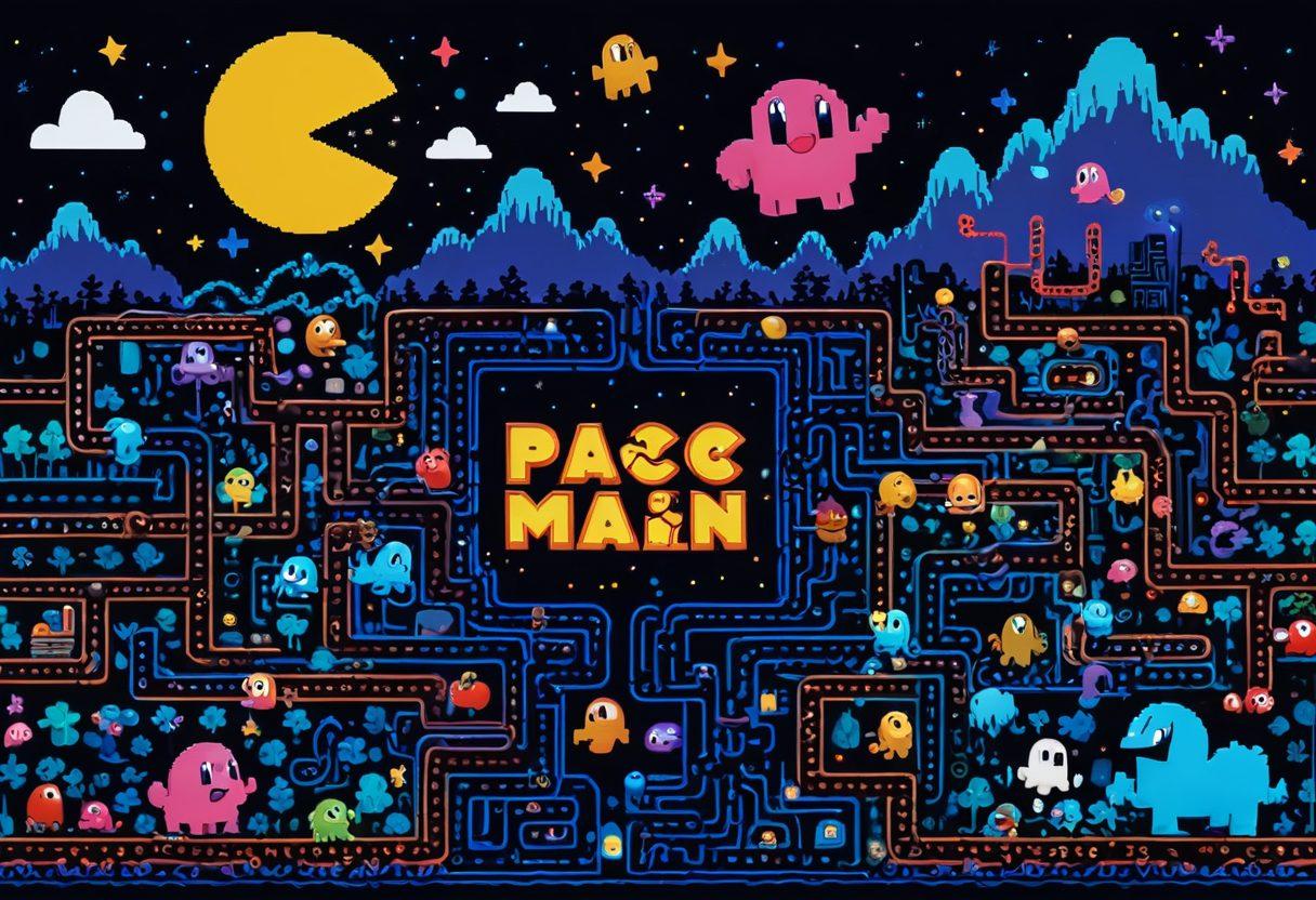 A vibrant, pixelated landscape featuring a classic Pac-Man maze with bright, retro colors. Ghosts roam playfully while Pac-Man munches on pellets under a starry night sky, surrounded by nostalgic gaming consoles and 80s memorabilia. Include a glowing 'Level Up' sign in the background, enhancing the feeling of nostalgia and excitement. pixel art. vibrant colors. retro style.